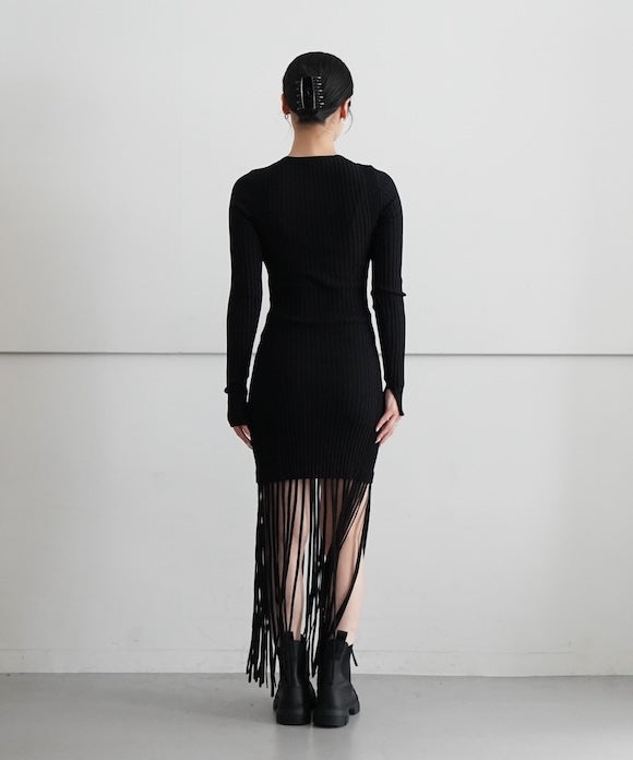 GANNI Melange Knit Fringe Mini Dress "Black"