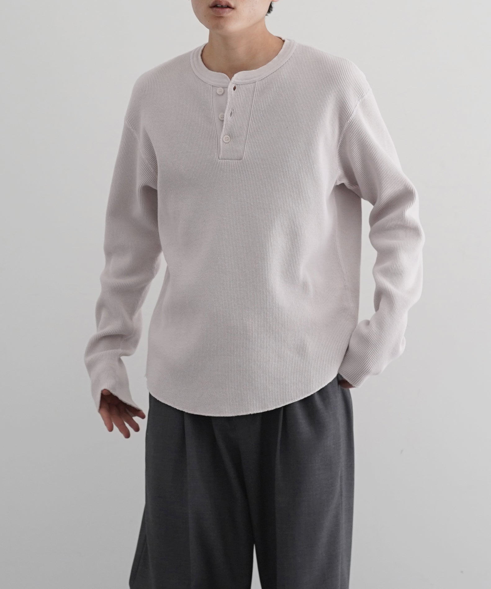 UNUSED Us2536 Long-sleeve henry neck waffle t-shirt "WHITE"