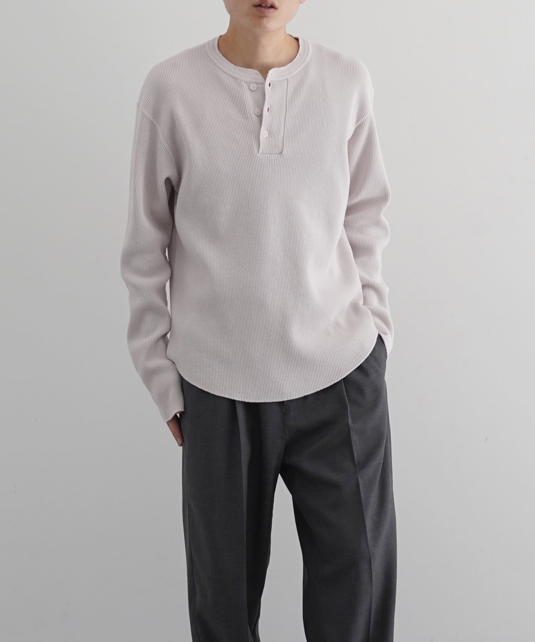 UNUSED Us2536 Long-sleeve henry neck waffle t-shirt "PINK BEIGE"