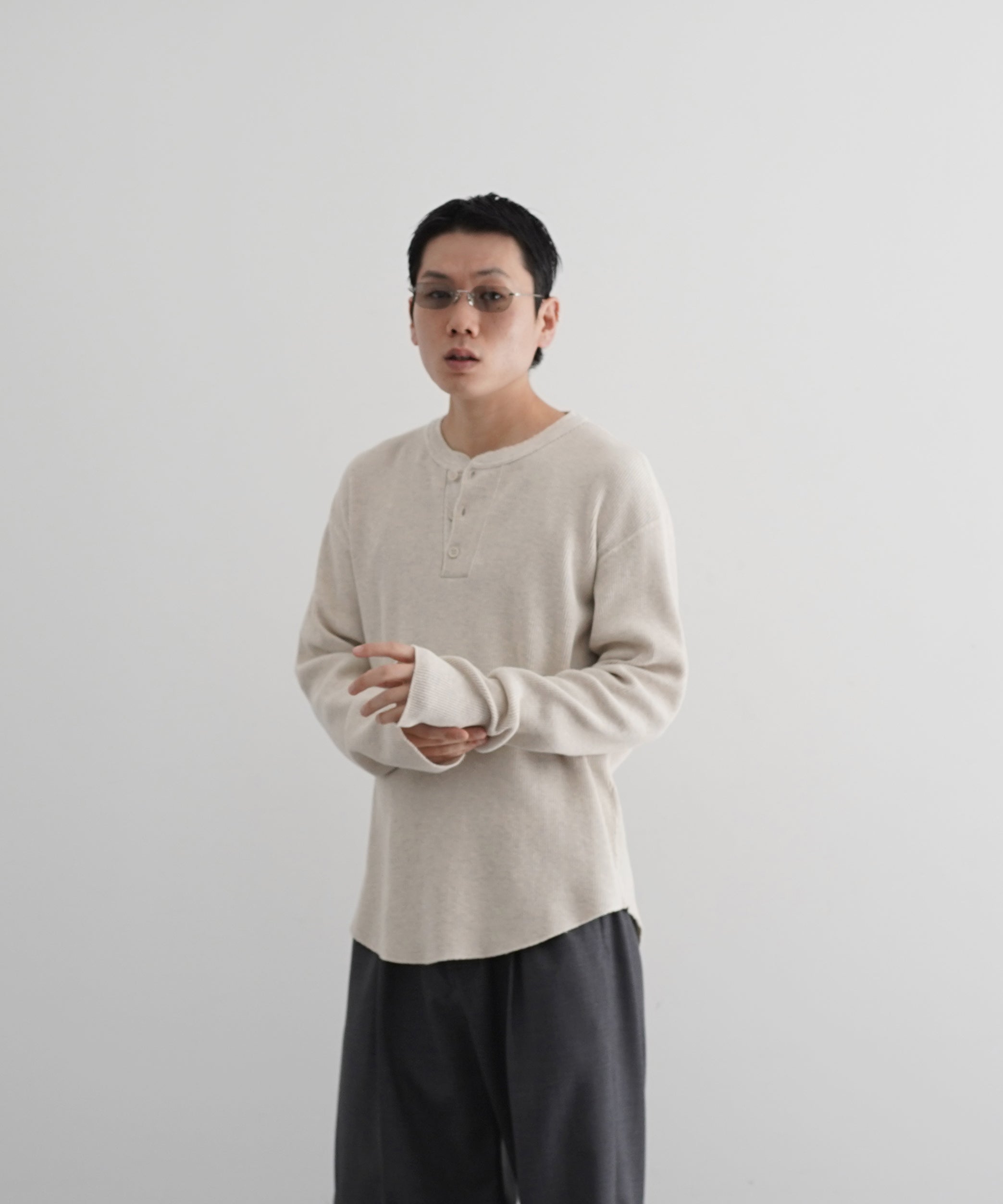 UNUSED Us2536 Long-sleeve henry neck waffle t-shirt "HEATHER"