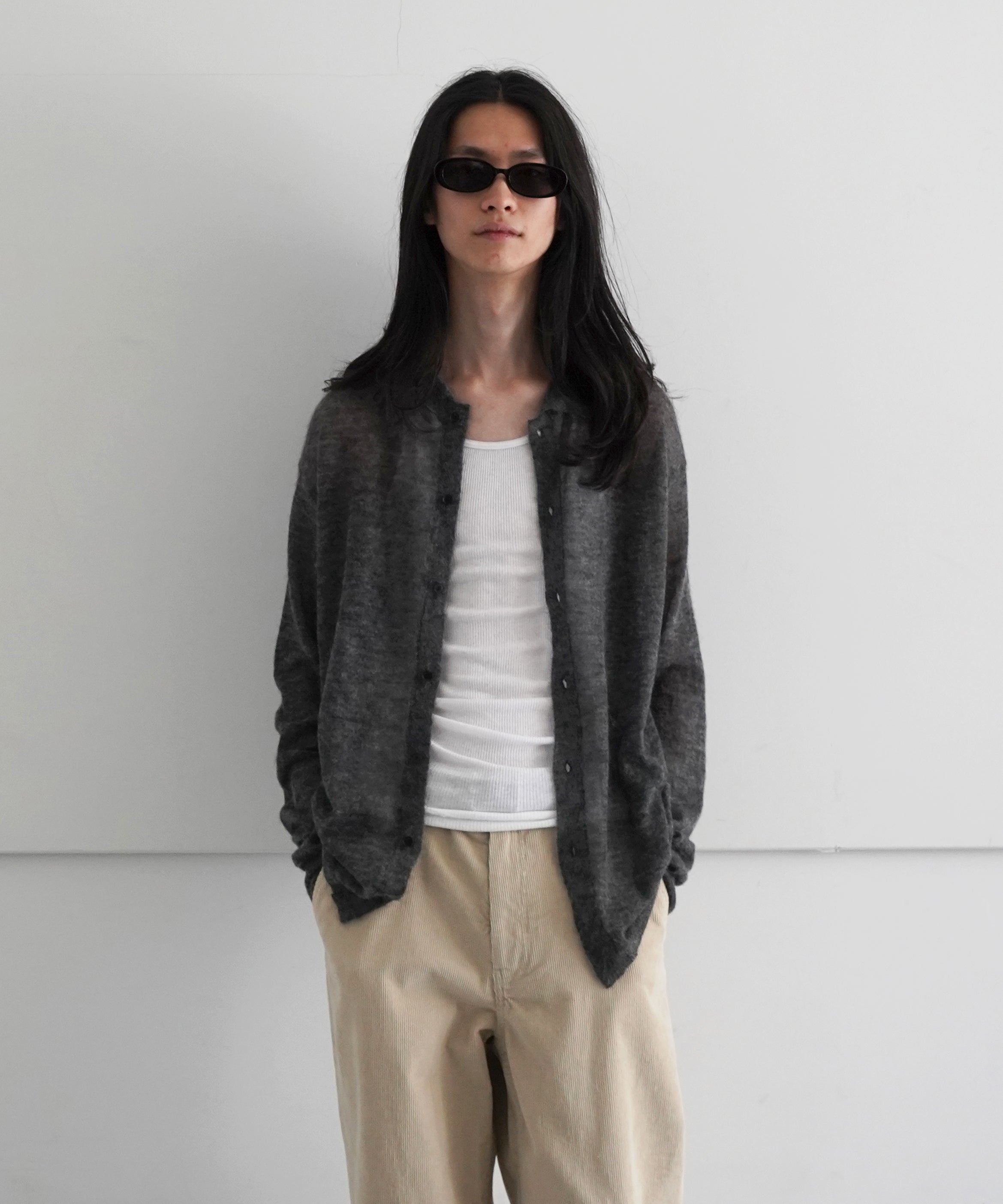 AURALEE KID MOHAIR SHEER KNIT SHIRT CARDIGAN 