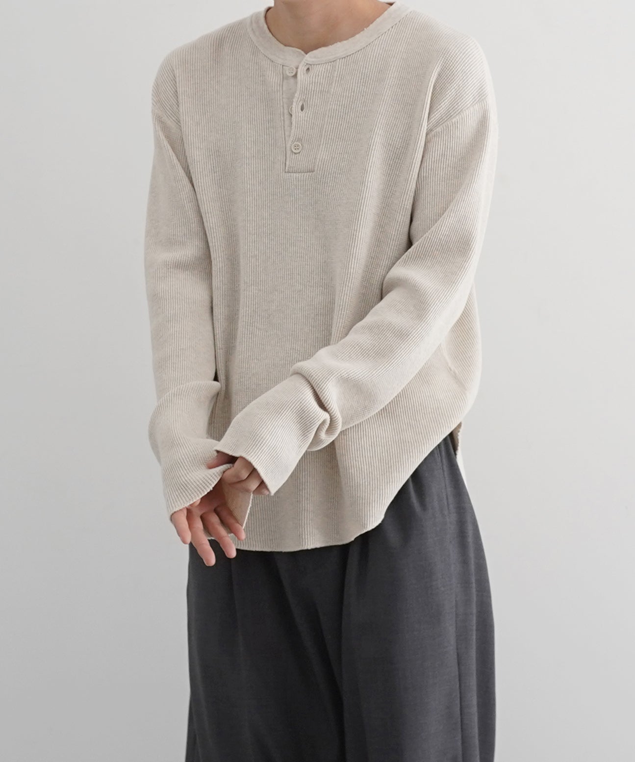 UNUSED Us2536 Long-sleeve henry neck waffle t-shirt "HEATHER"