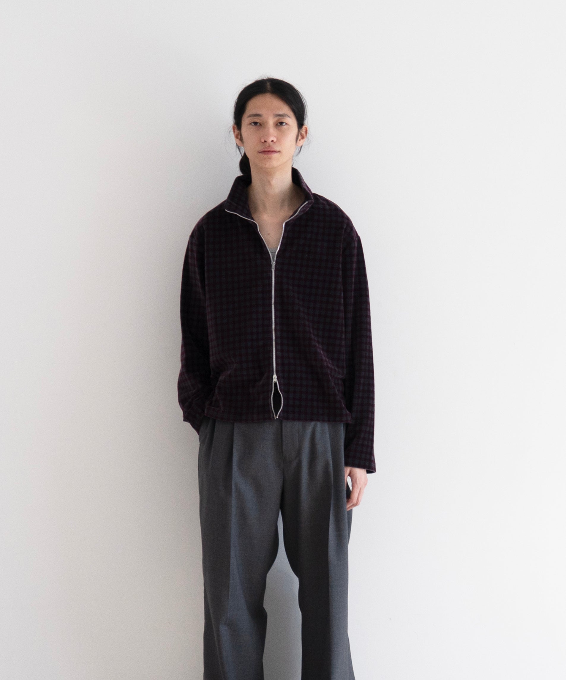 OUR LEGACY Shrunken fullzip polo "MERLOT HOUNDINI CHECK VELOUR"