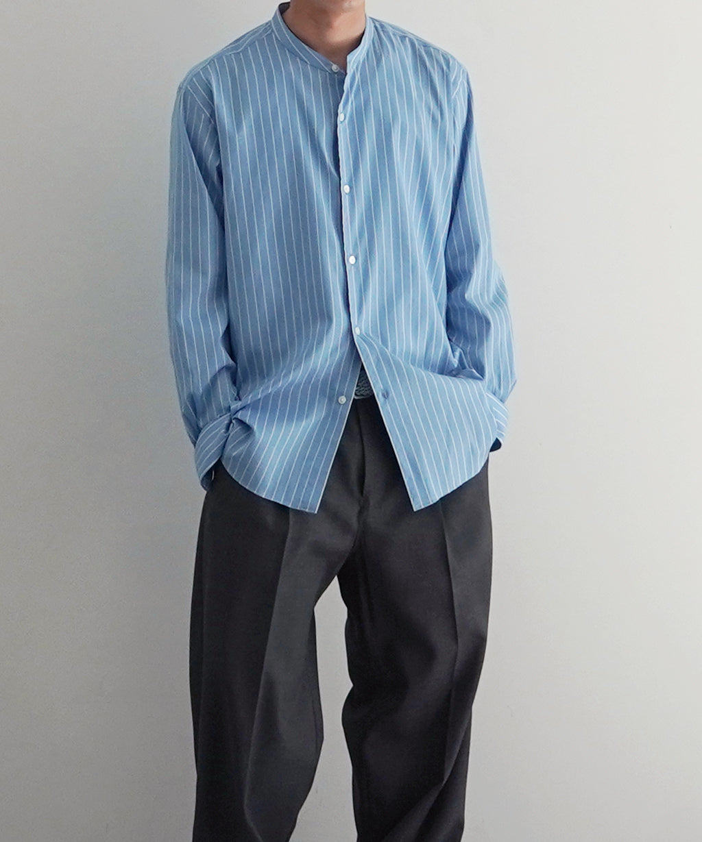 AURALEE Cotton silk stripe stand collar shirt "SAX BLUE STRIPE"