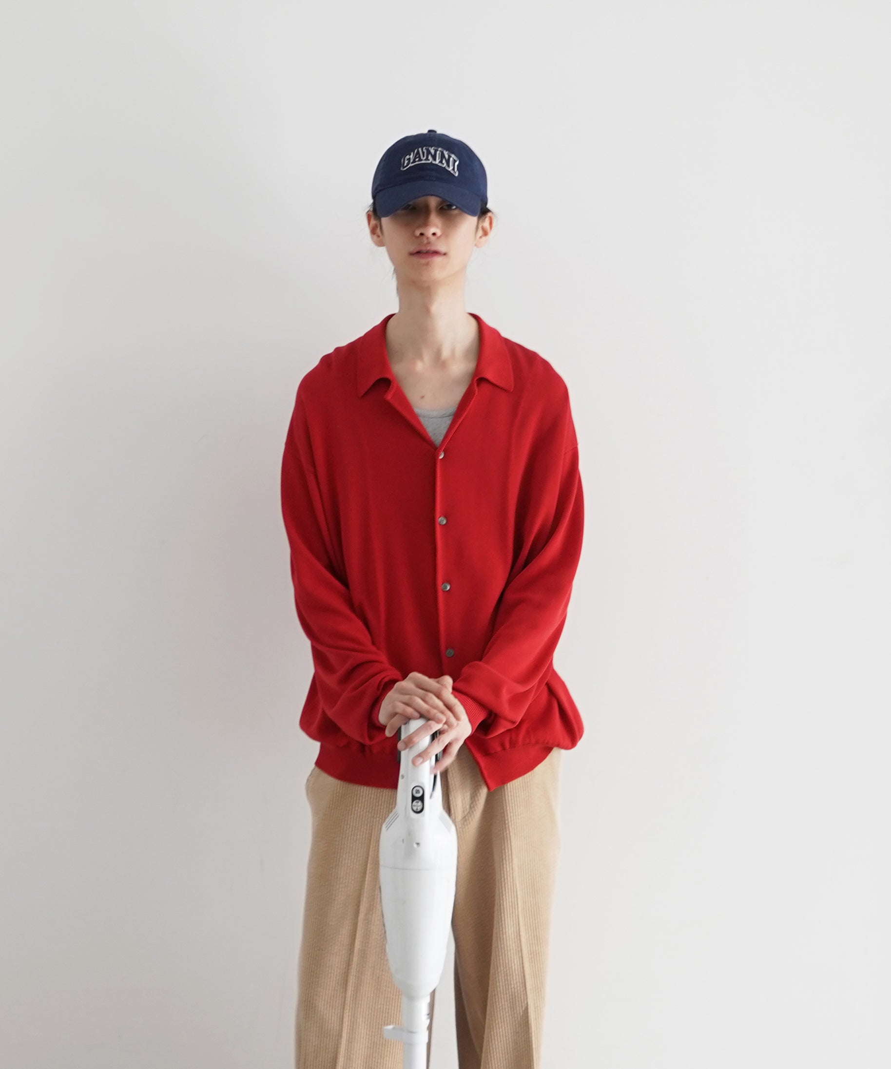 【EXCLUSIVE】crepuscule Open collar knit shirt "RED"