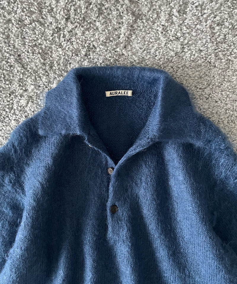 AURALEE Brushed super kid mohair knit polo “LIGHT NAVY”