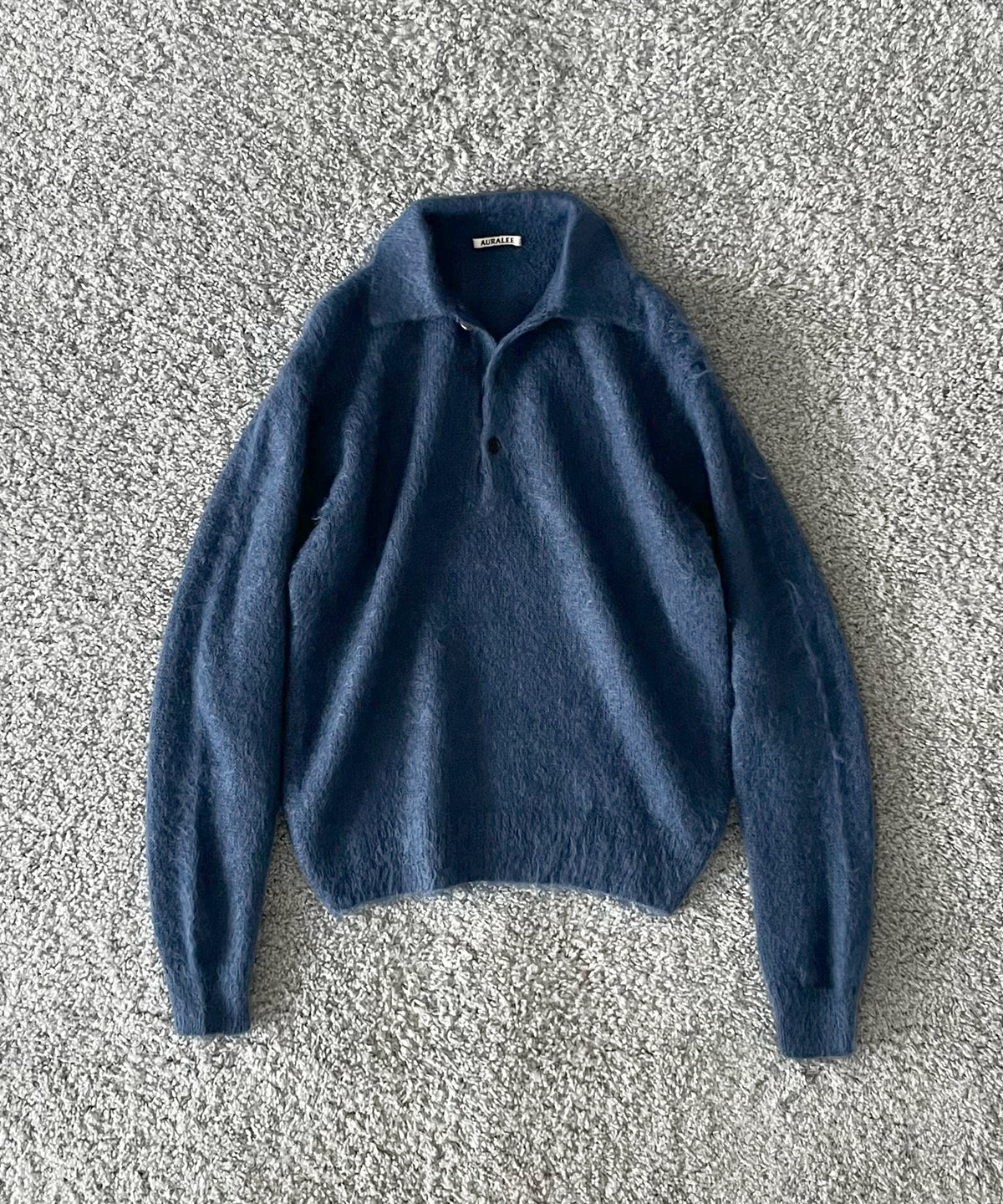 AURALEE Brushed super kid mohair knit polo “INK BLACK”