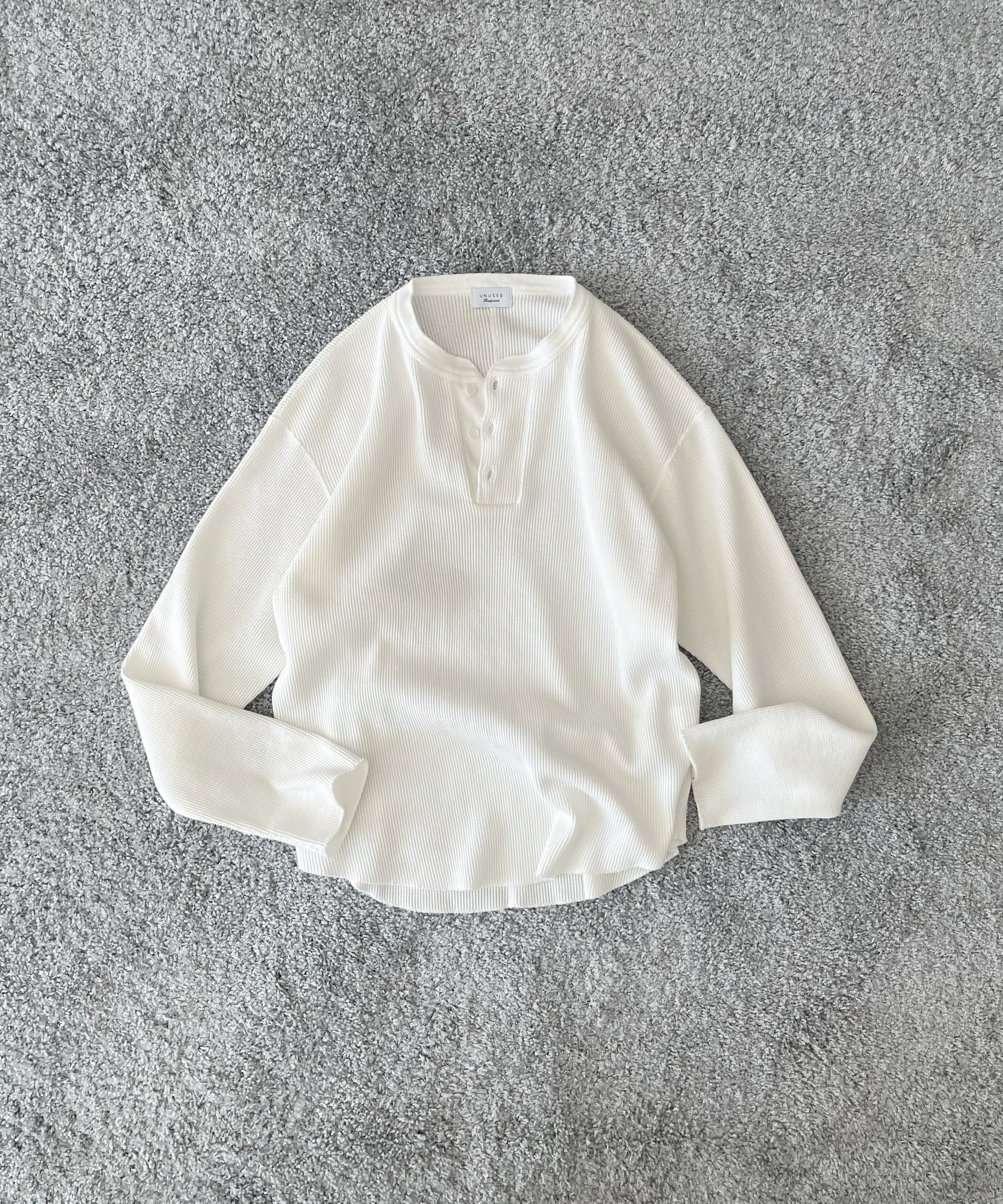 UNUSED Us2536 Long-sleeve henry neck waffle t-shirt "WHITE"