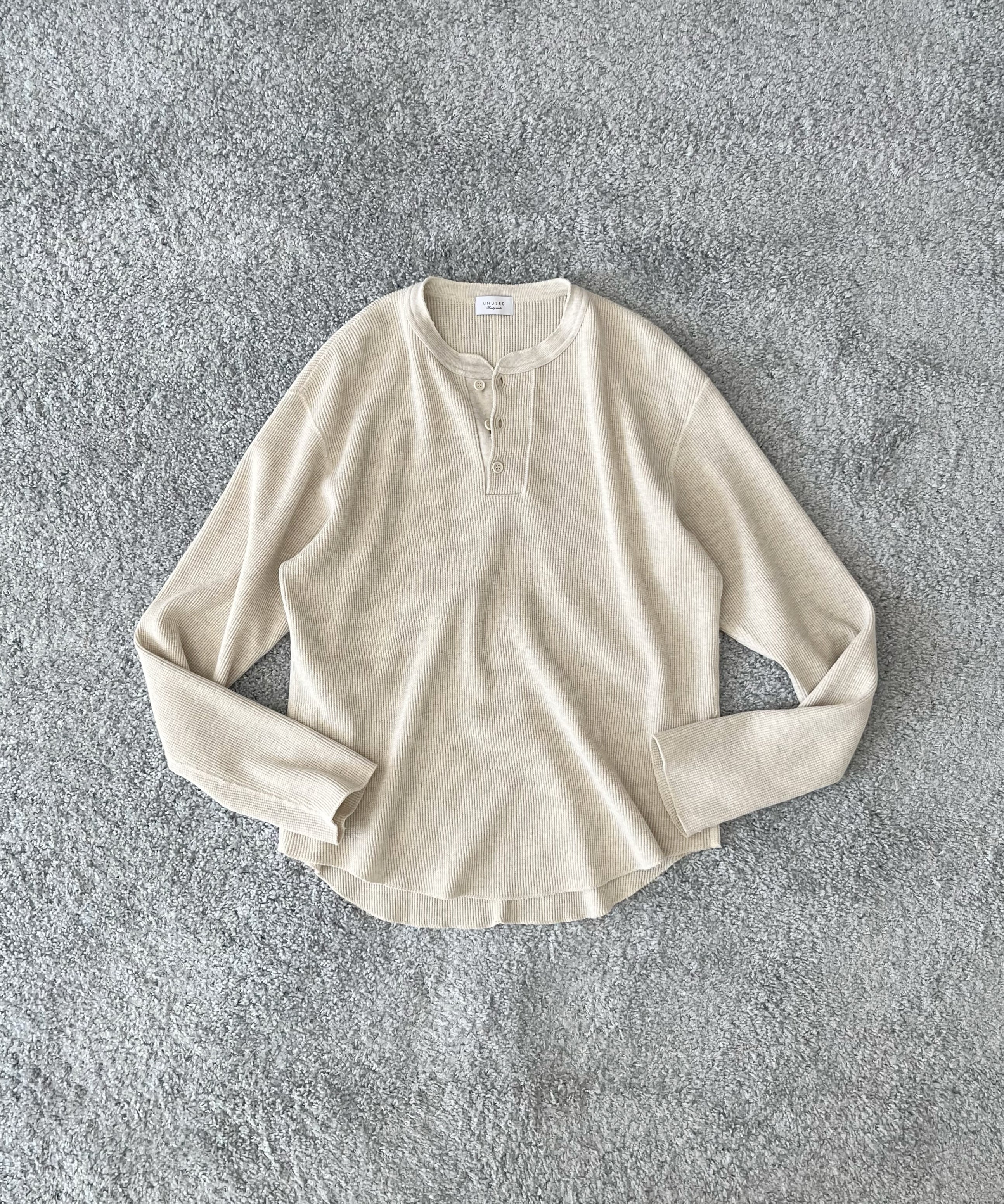 UNUSED Us2536 Long-sleeve henry neck waffle t-shirt "WHITE"