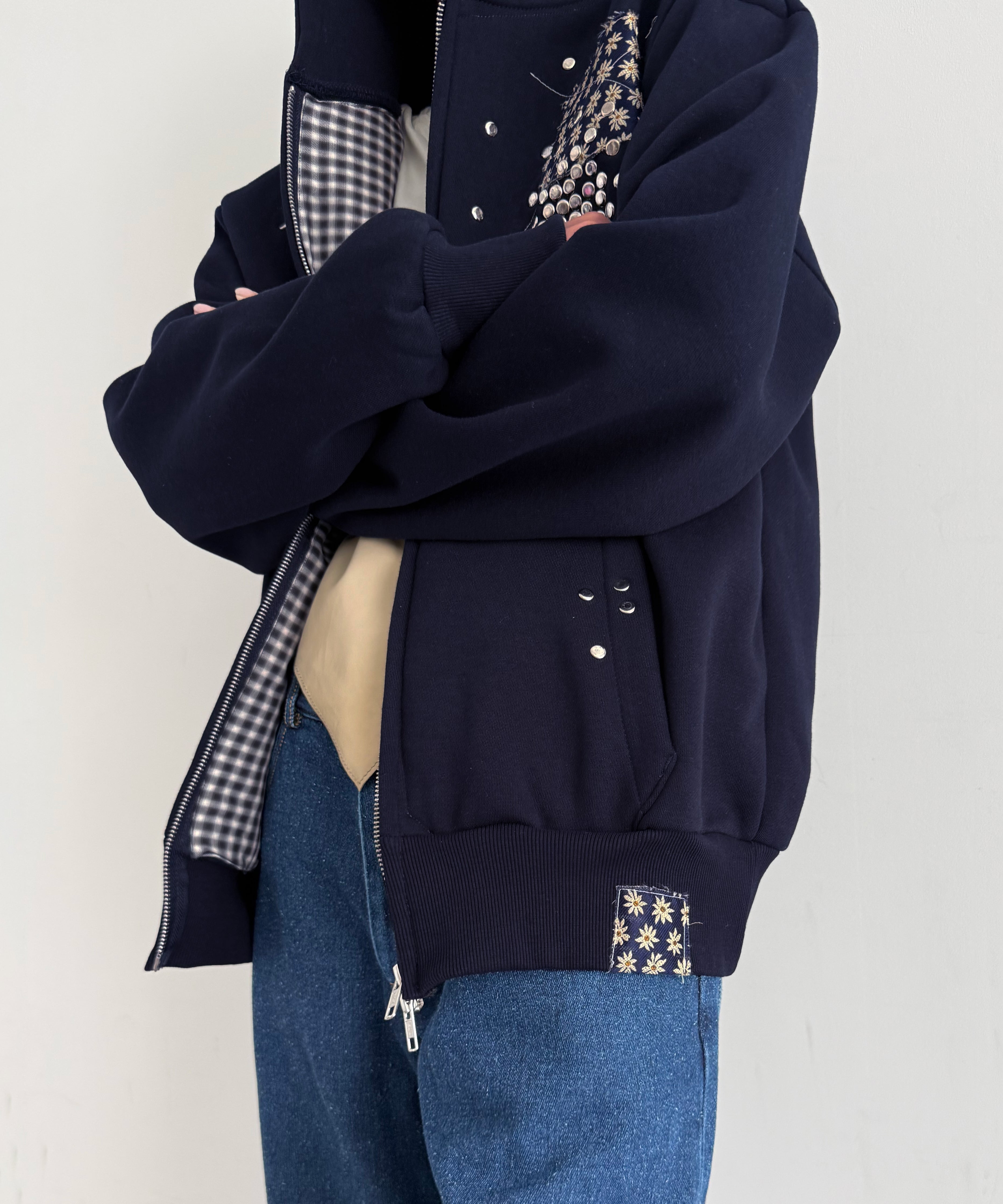 HANNAH CREAK Studded hoodie double zip "DARK BLUE"