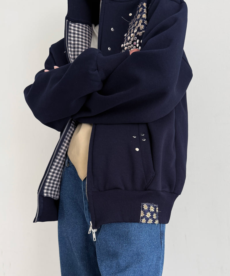 HANNAH CREAK Studded hoodie double zip "DARK BLUE"