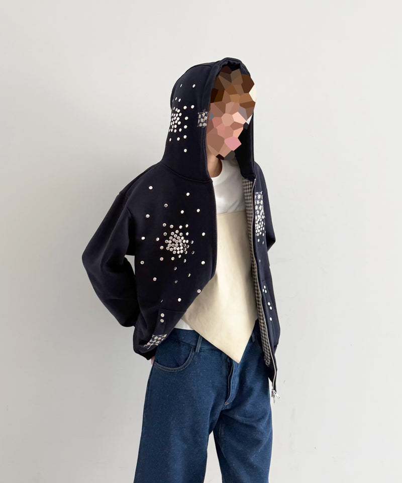HANNAH CREAK Studded hoodie double zip "DARK BLUE"