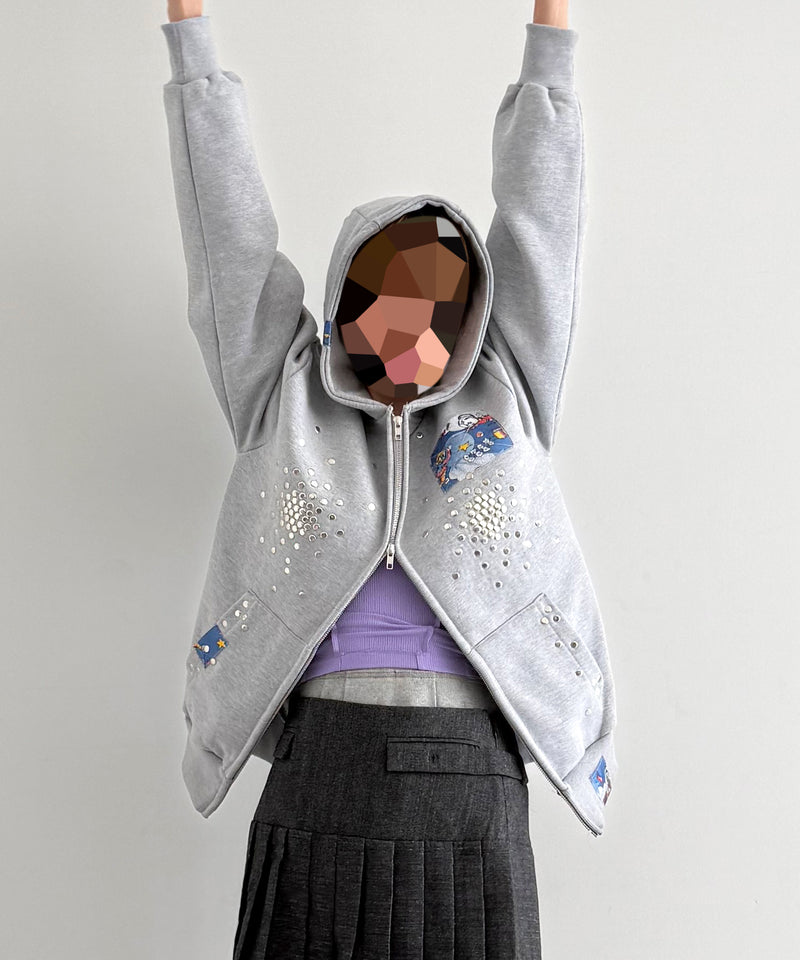HANNAH CREAK Studded hoodie double zip "GRAY"