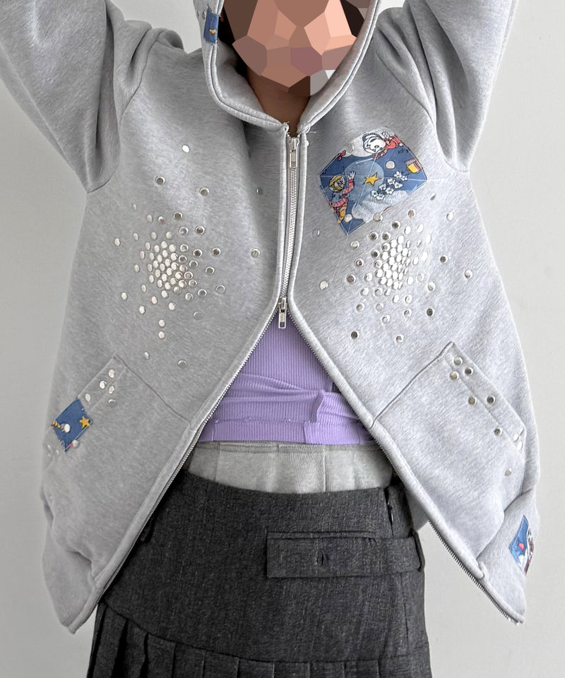 HANNAH CREAK Studded hoodie double zip "GRAY"