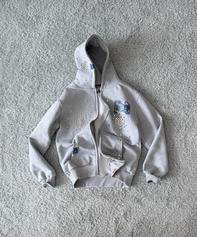 HANNAH CREAK Studded hoodie double zip "GRAY"