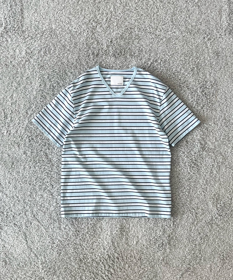 KAIKO V neck border t-shirts "SAX"