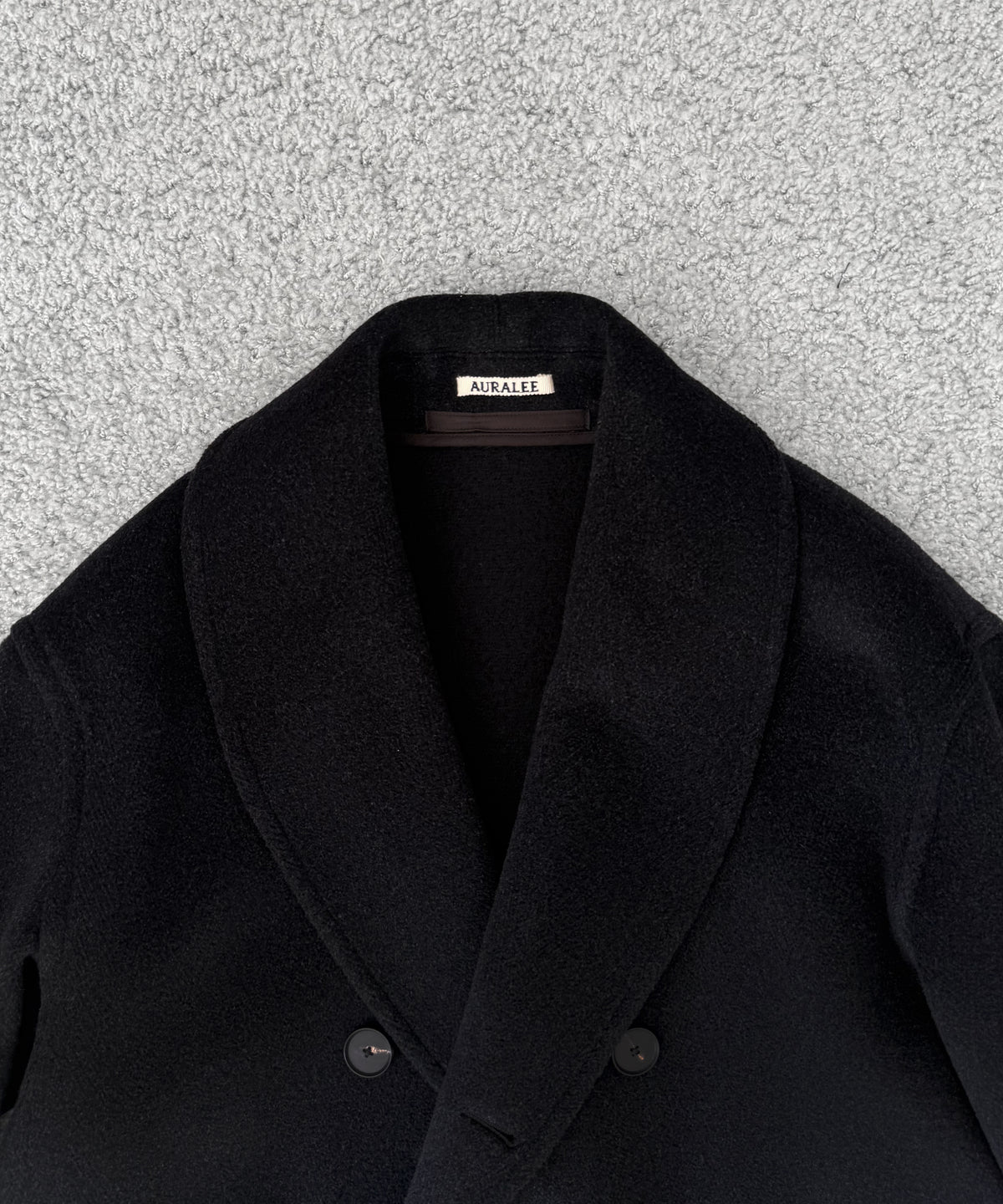 AURALEE Wool herringbone shawl collar coat “DARK CHARCOAL”