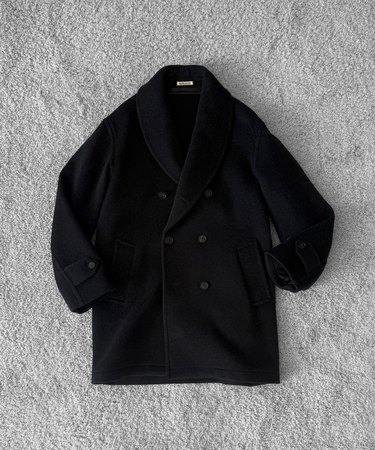 AURALEE Wool herringbone shawl collar coat “DARK CHARCOAL”