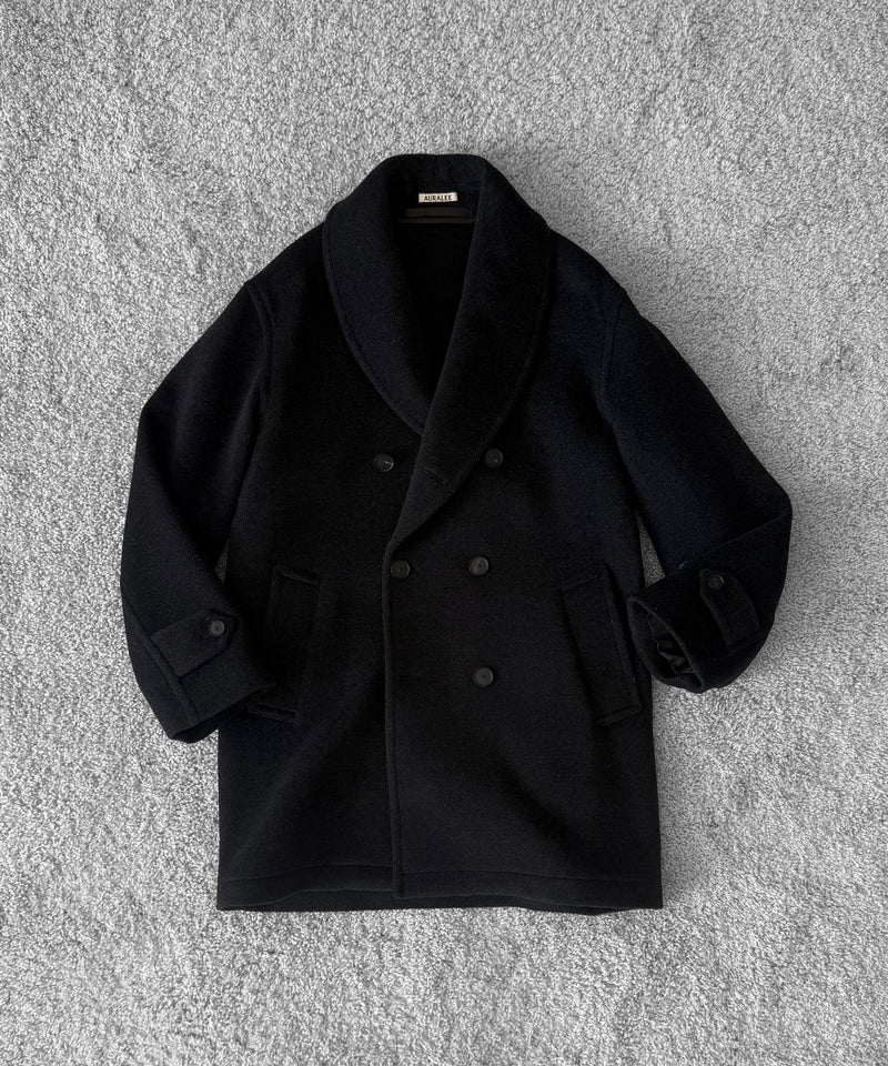 AURALEE Wool herringbone shawl collar coat “DARK CHARCOAL”
