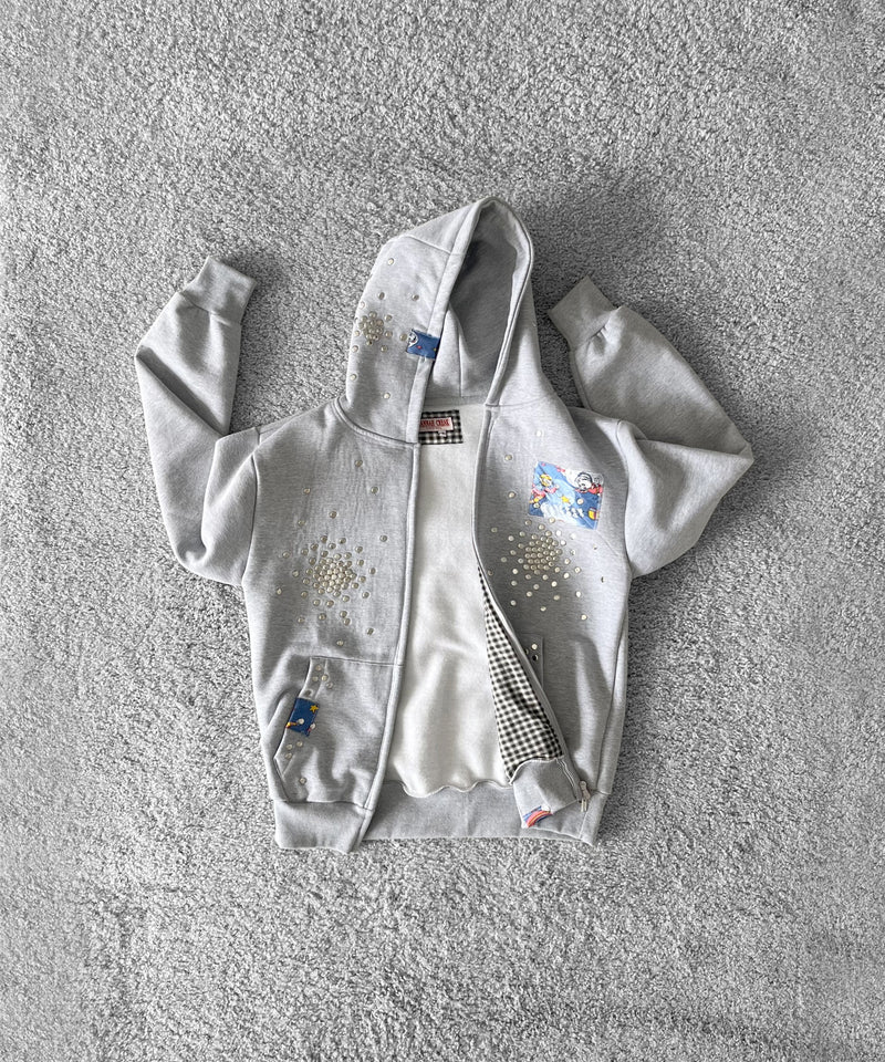 HANNAH CREAK Studded hoodie double zip "GRAY"