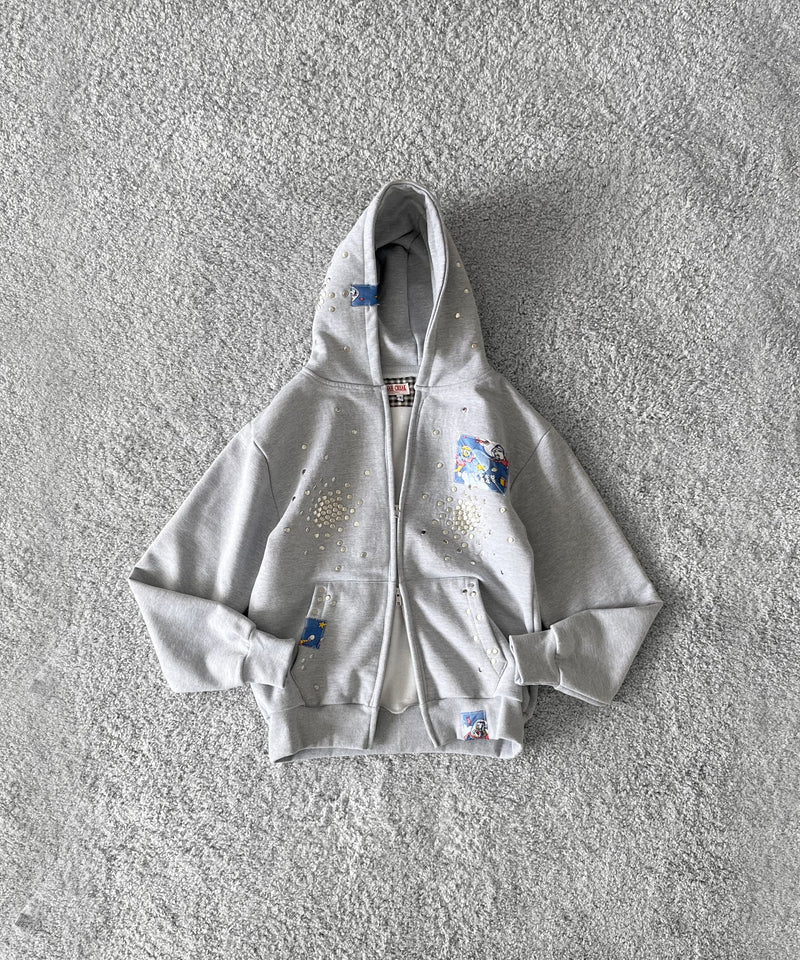 HANNAH CREAK Studded hoodie double zip "GRAY"