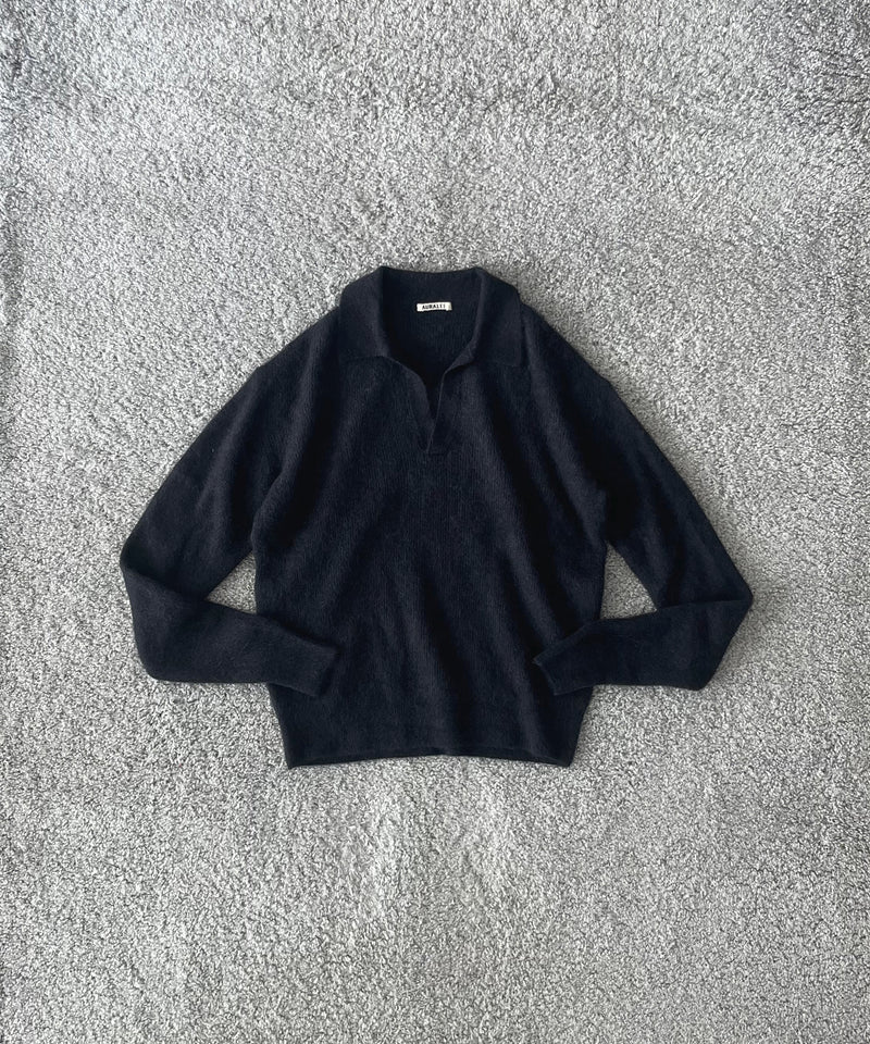 AURALEE Baby suri alpaca sheer knit skipper polo "RED"