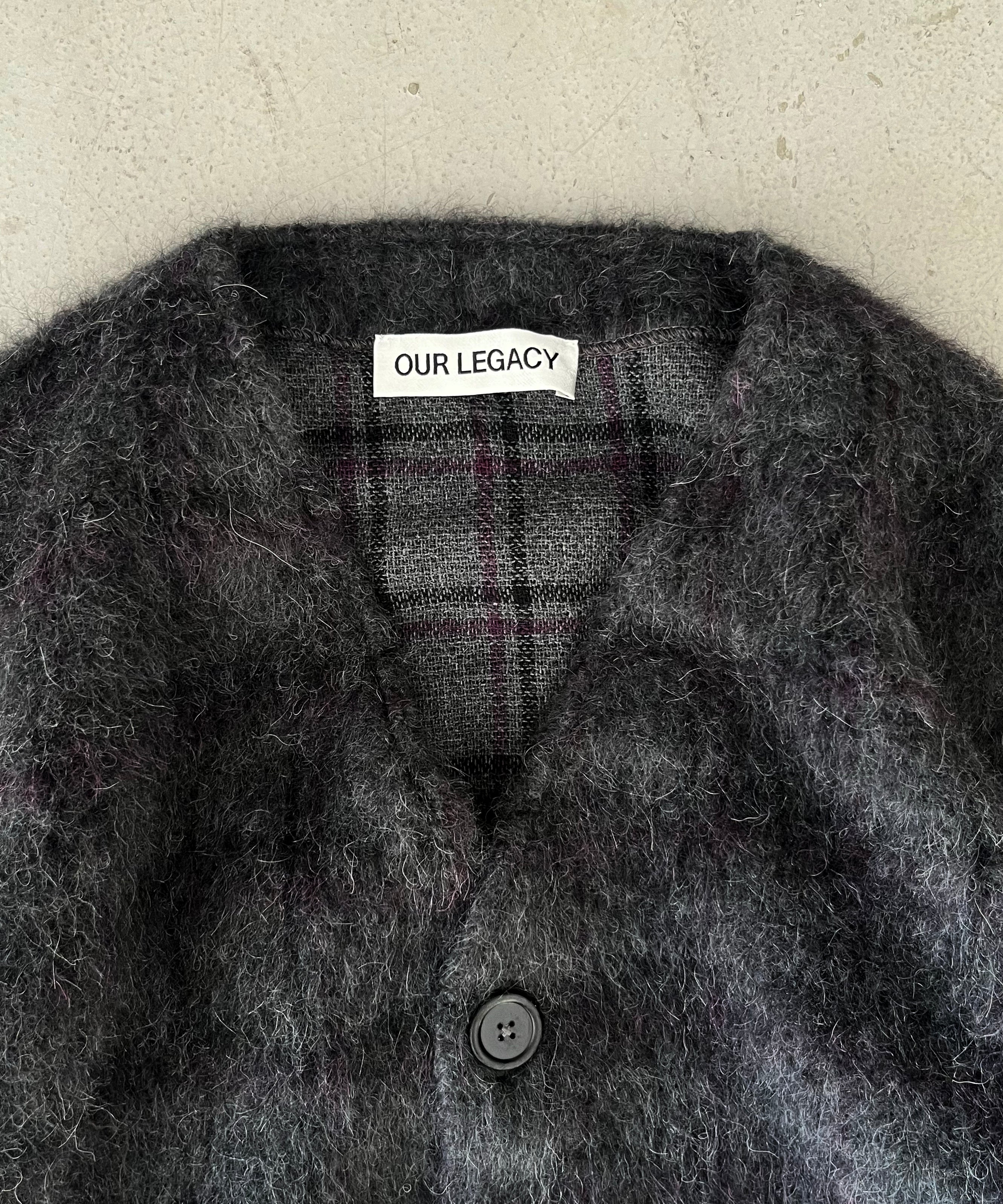OUR LEGACY Cardigan "FUZZED PLUM CHECK HAIRY WOOL"
