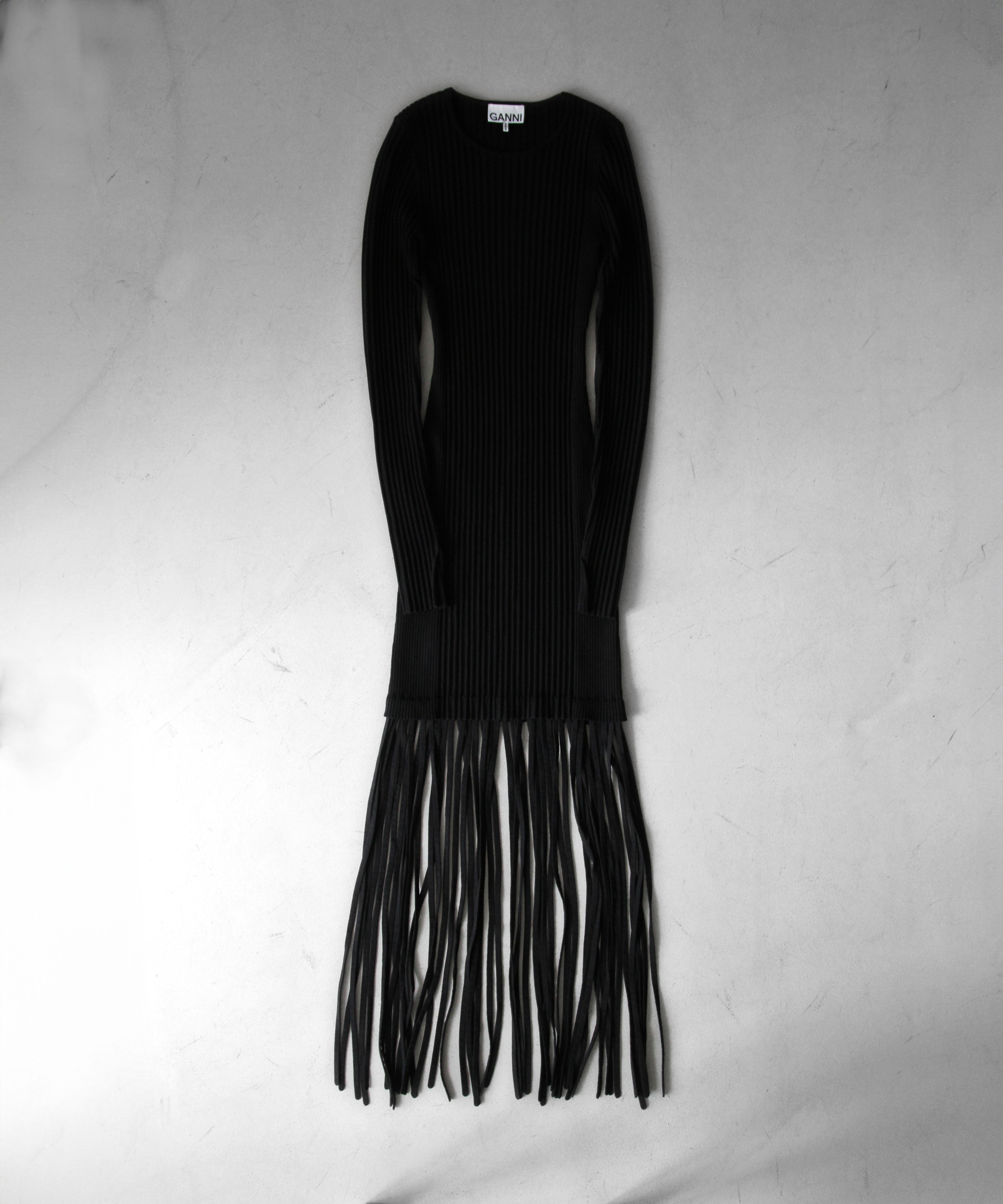 GANNI Melange Knit Fringe Mini Dress "Black"