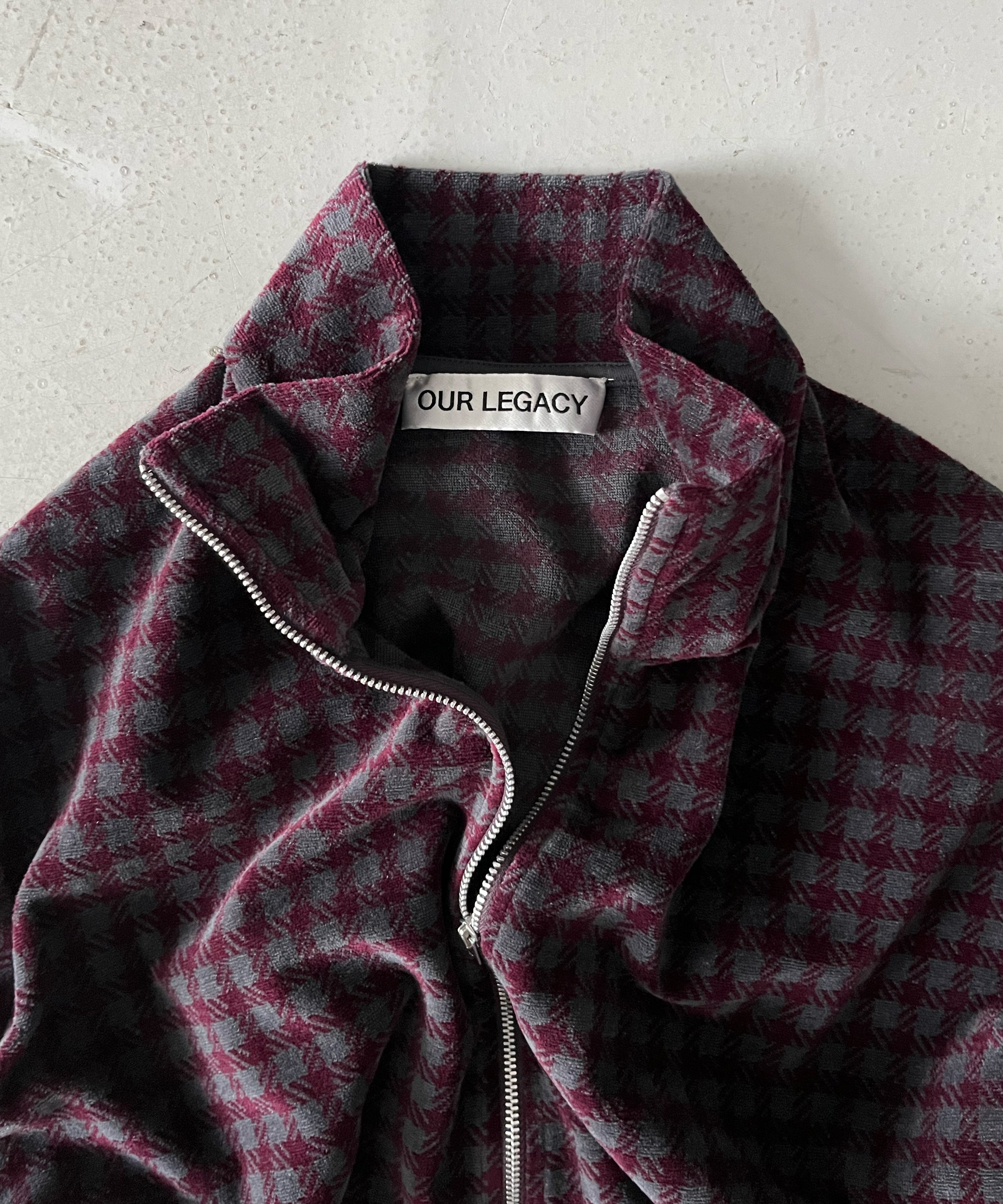 OUR LEGACY Shrunken fullzip polo "MERLOT HOUNDINI CHECK VELOUR"