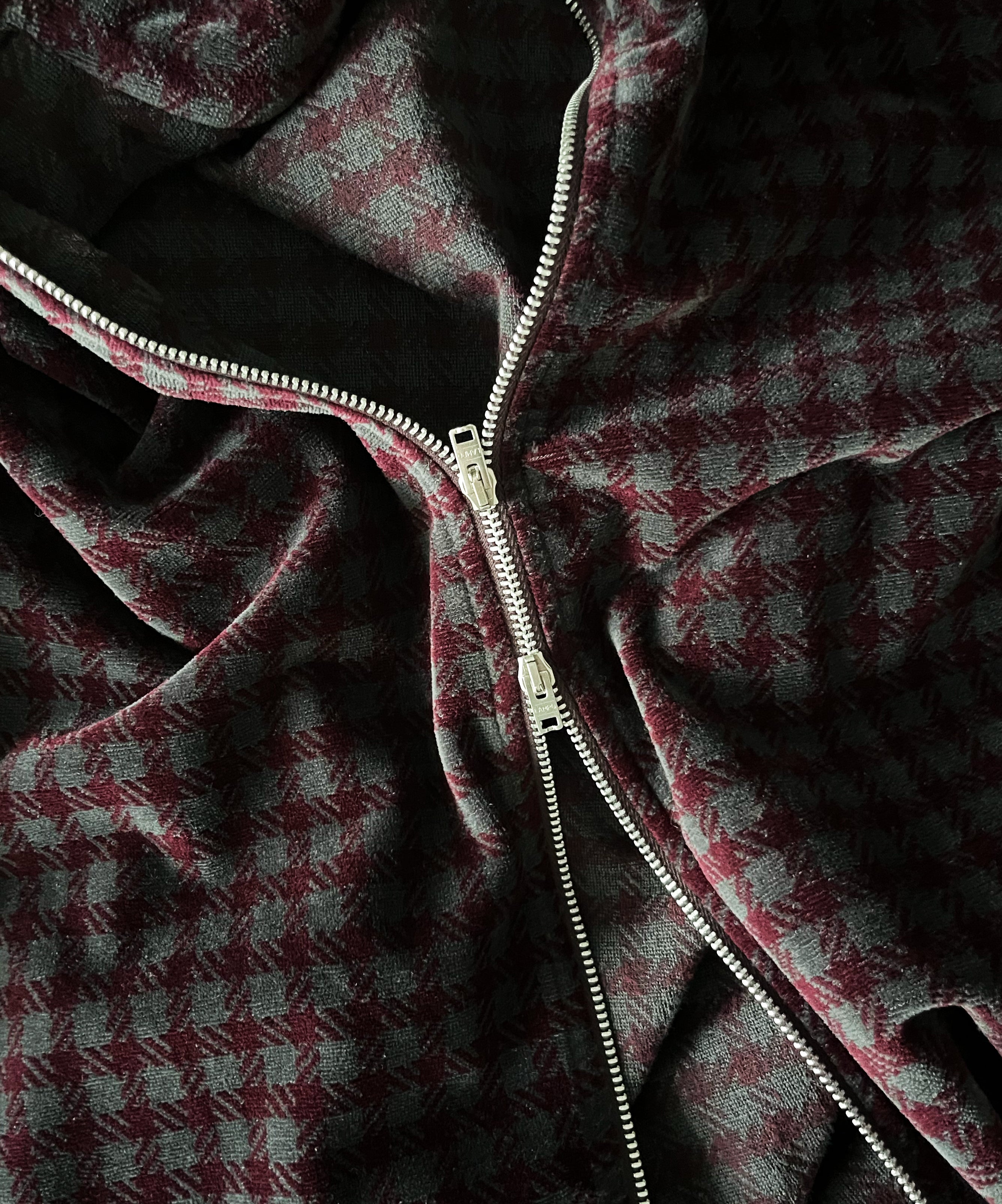 OUR LEGACY Shrunken fullzip polo "MERLOT HOUNDINI CHECK VELOUR"