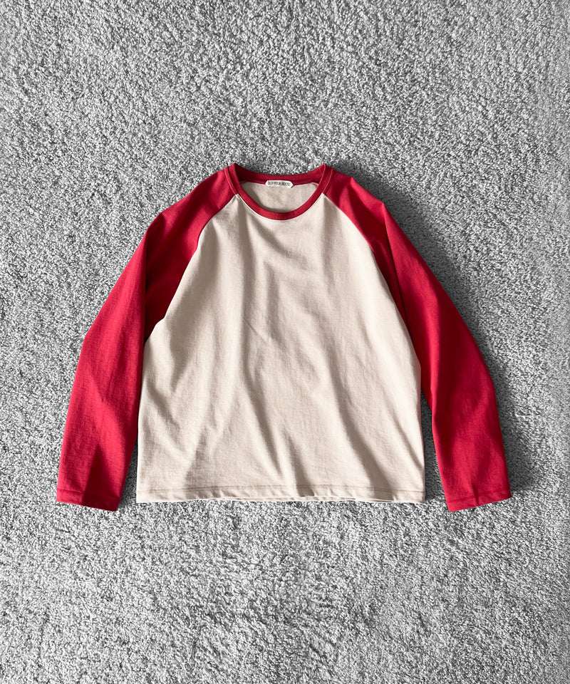 OLD FOLK HOUSE Raglan sleeve t-shirt "RED / BEIGE"
