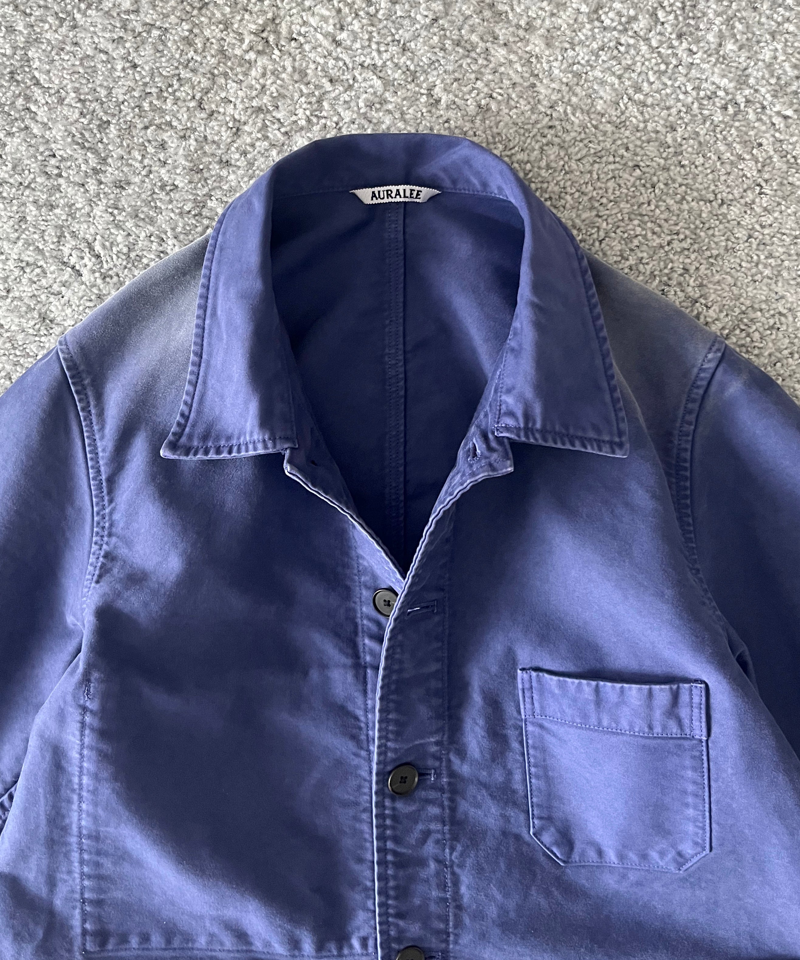 AURALEE Garment-dyed organic cotton heavy moleskin coverall "FADED NAVY"