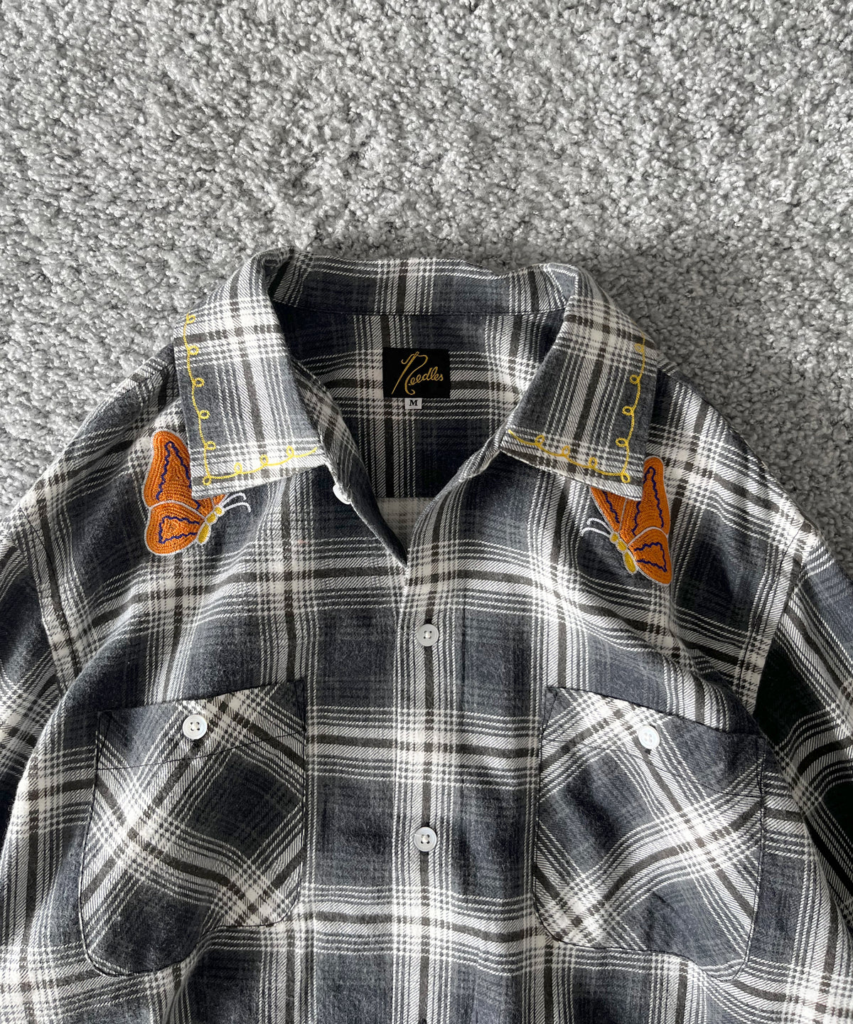 NEEDLES One-up shirt - printed flannel/plaid "F-GREY/OLIVE F"