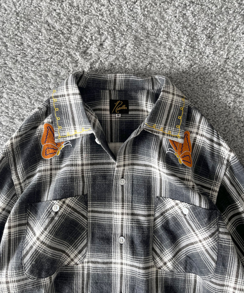 NEEDLES One-up shirt - printed flannel/plaid "F-GREY/OLIVE F"