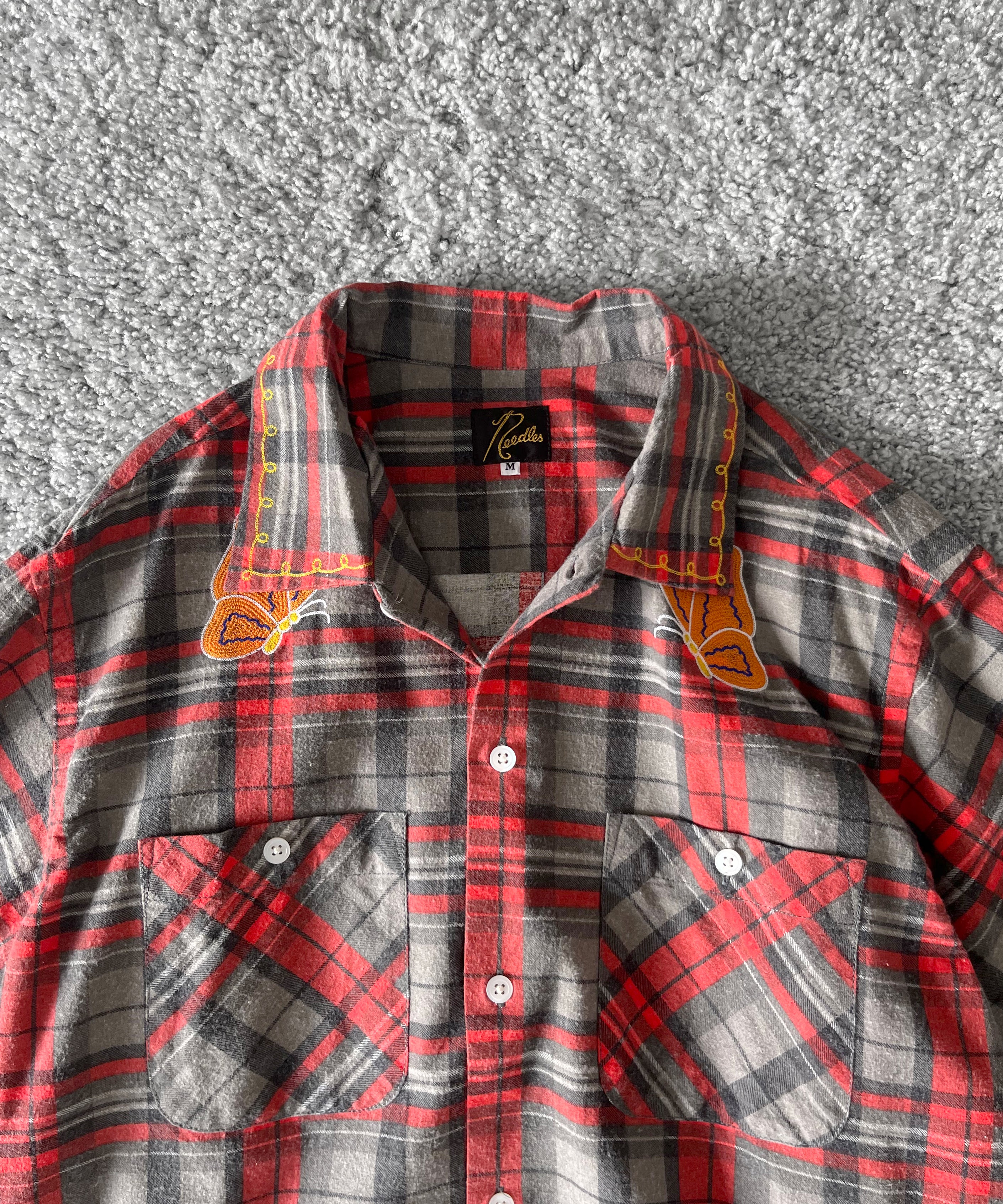 NEEDLES One-up shirt - printed flannel/plaid "B-GREY/RED B"