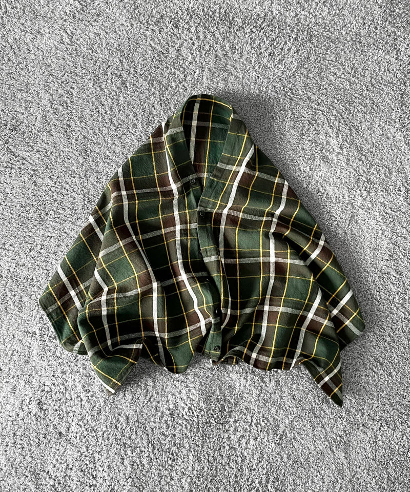ENGINEERED GARMENTS Button shawl - ctn heavy twill plaid "OLIVE/BROWN"
