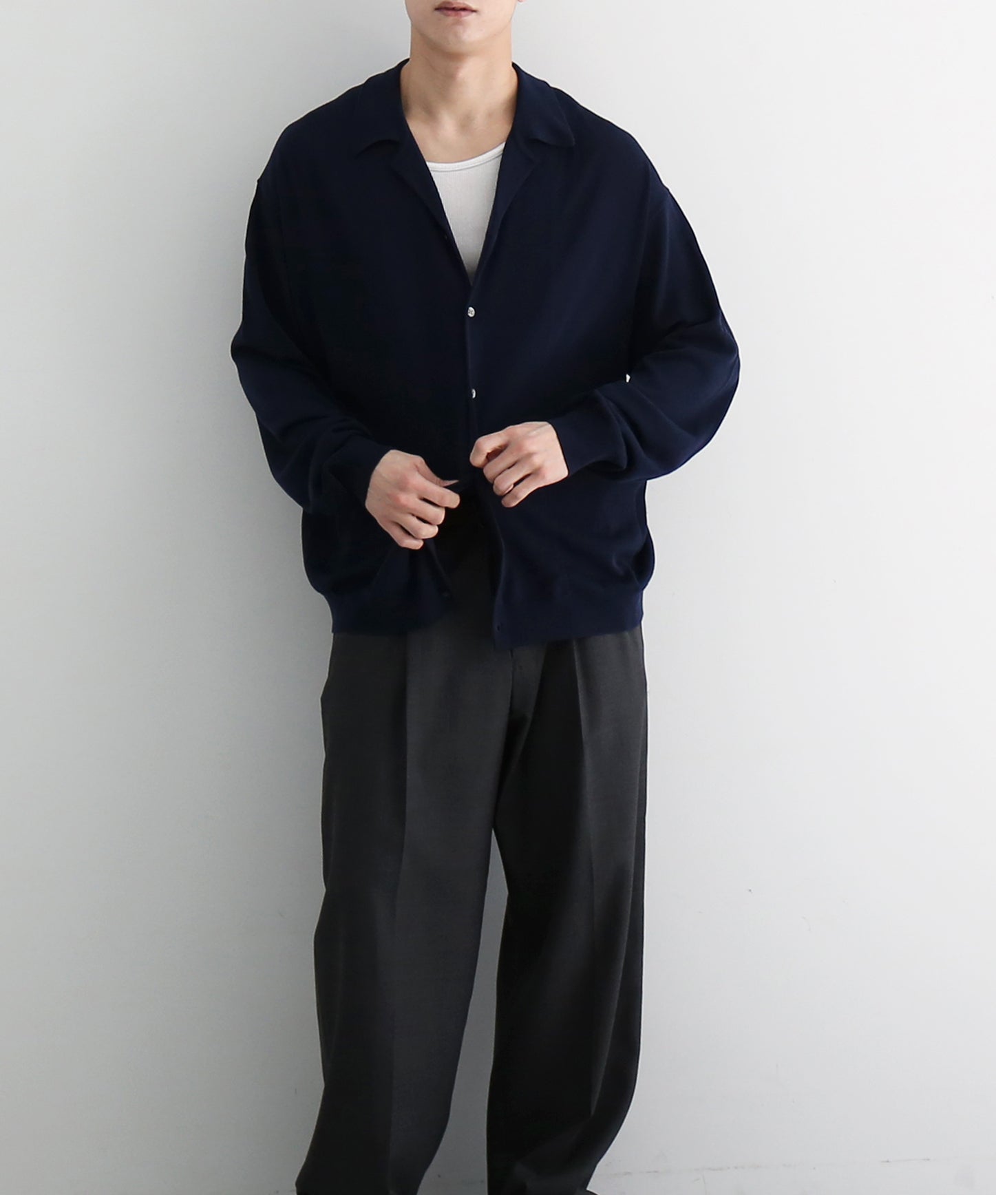 【EXCLUSIVE】crepuscule Open collar knit shirt "BLACK"