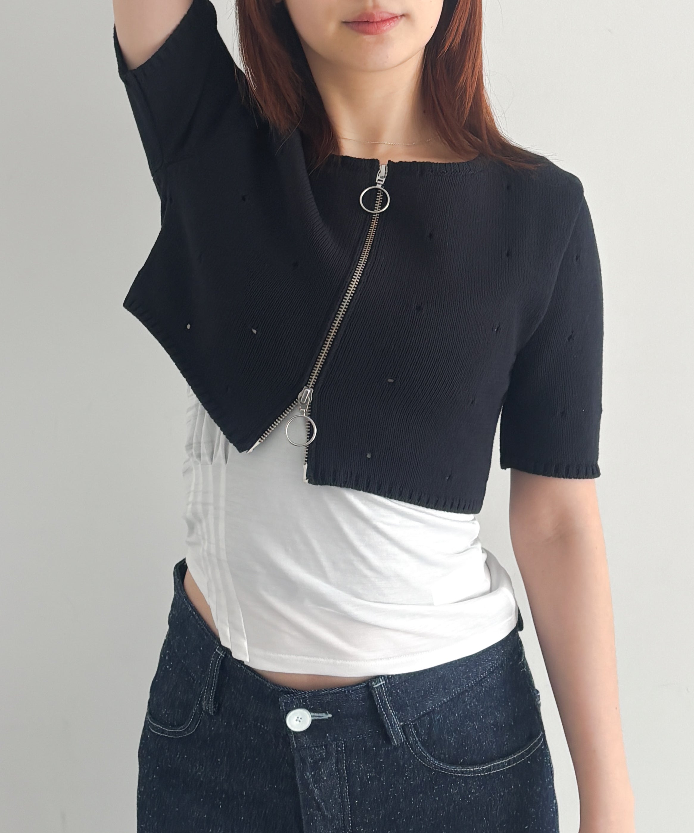 ULIKASANCTUS Hole cropped cardigan "NAVY"