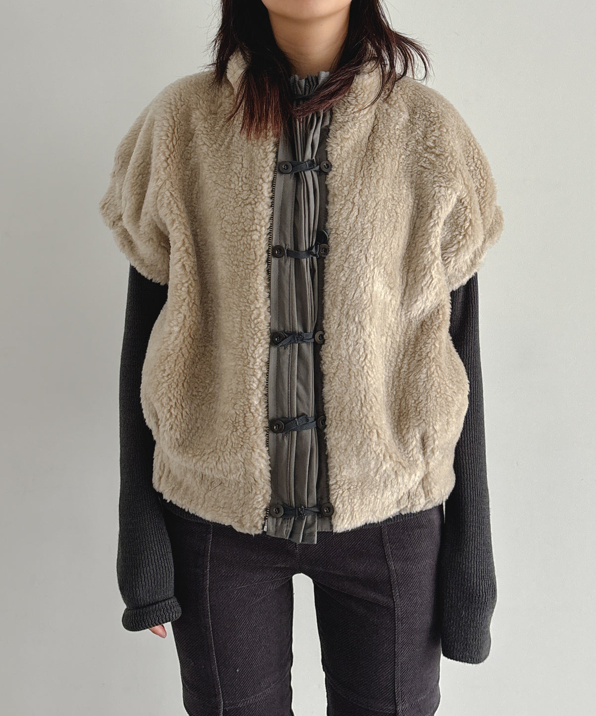 ULIKASANCTUS Puff sleeve fur jacket "BEIGE"